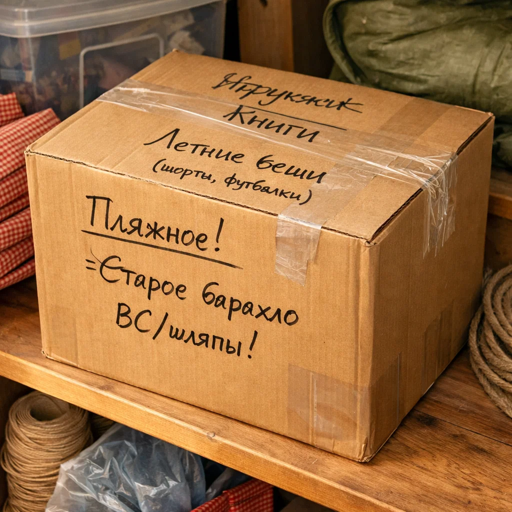 Large box on a shelf with handwritten labels