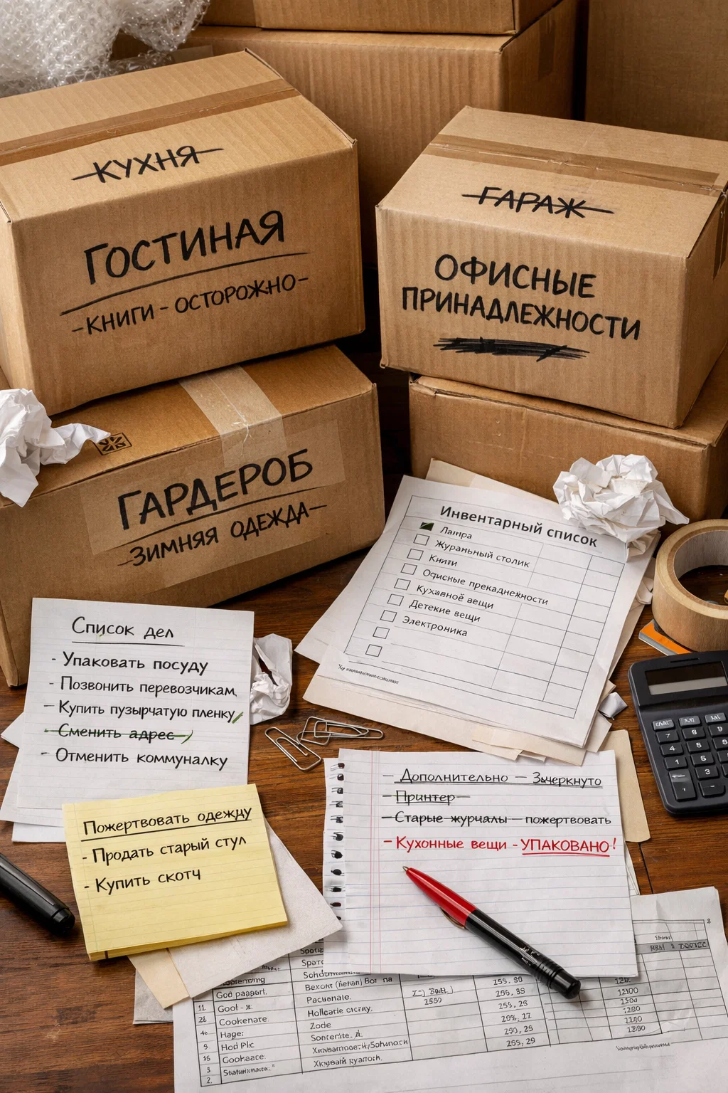 Boxes with labels, notes, and inventory lists