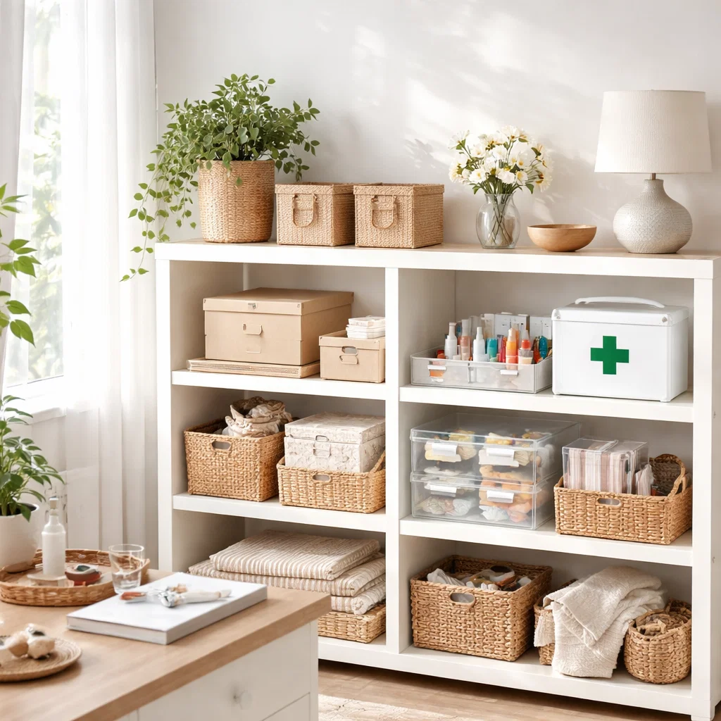 Bright home interior with shelves, boxes, and a medicine kit