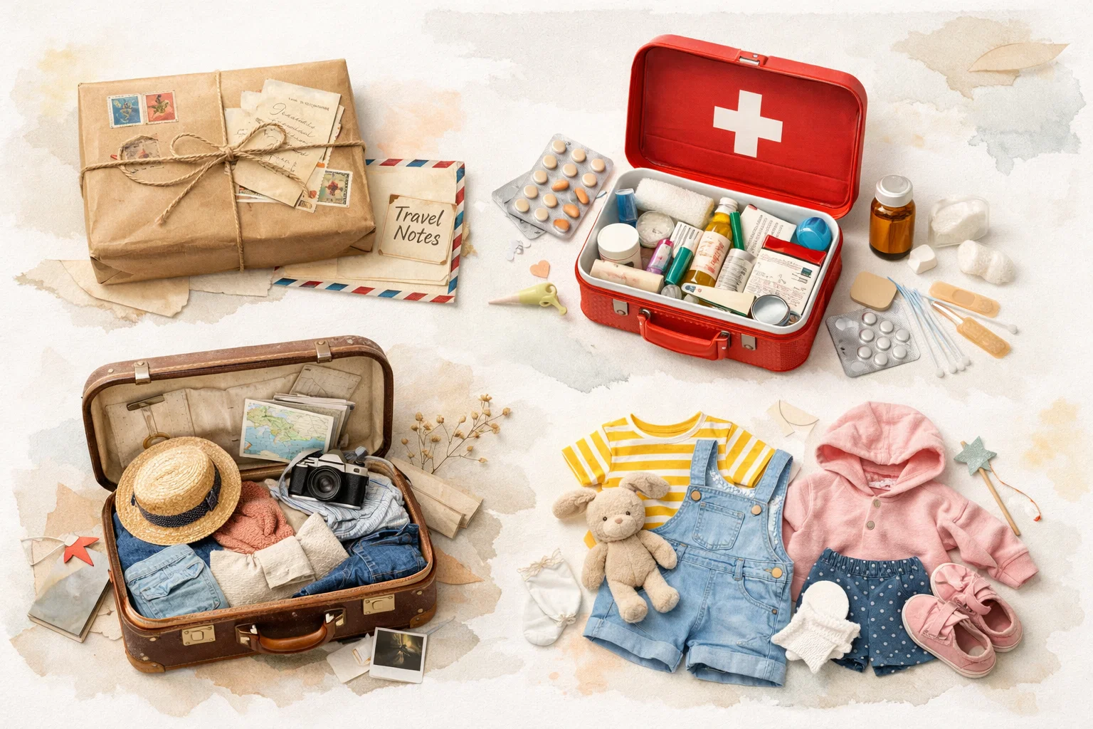 Scenario collage with travel, medicine kit, package, and children's items